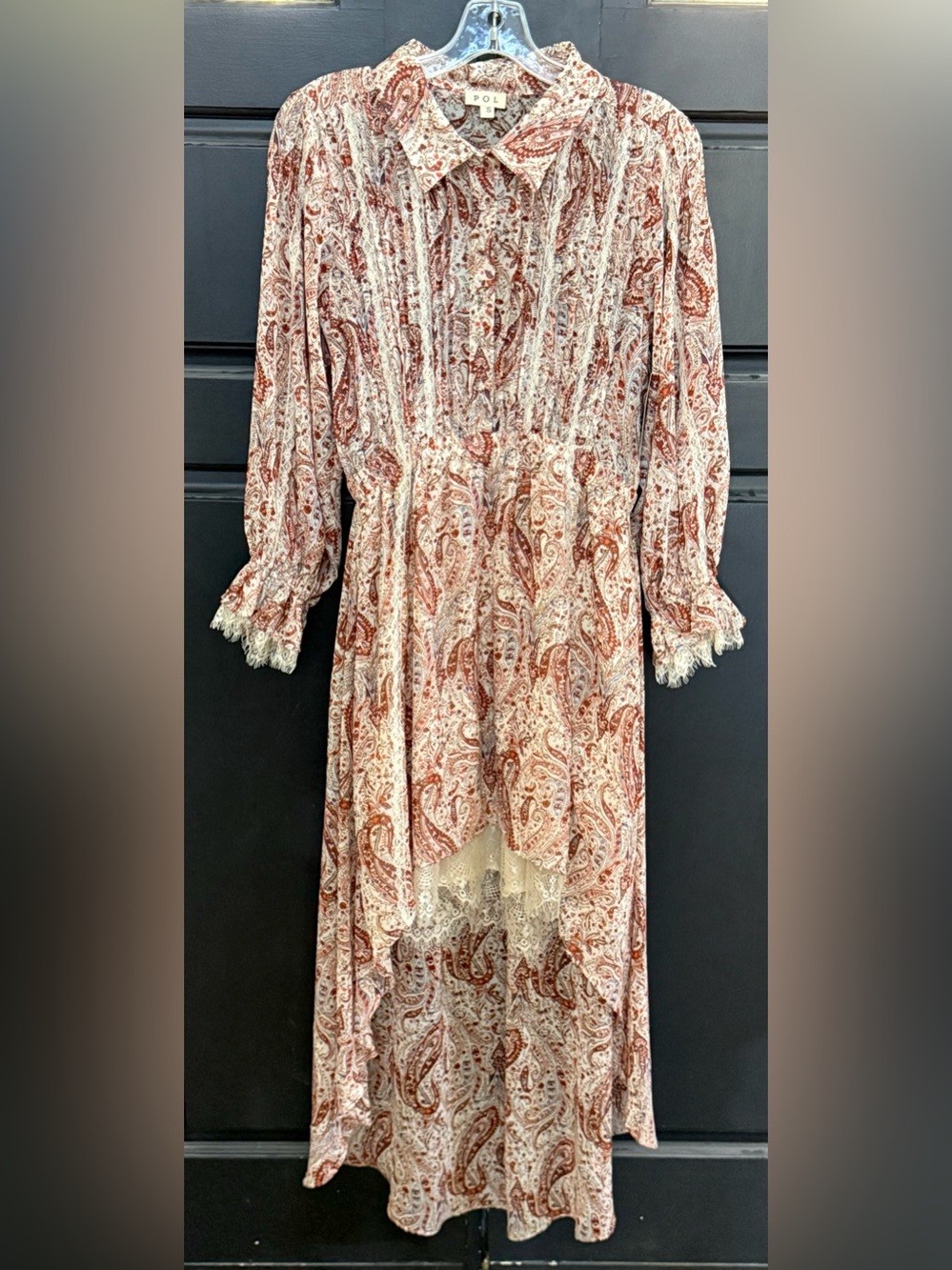 POL Paisley Lace Trim High-Low Boho Midi Shirt Dress NWT Small